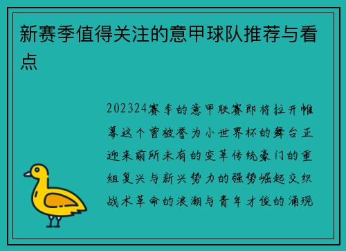 新赛季值得关注的意甲球队推荐与看点